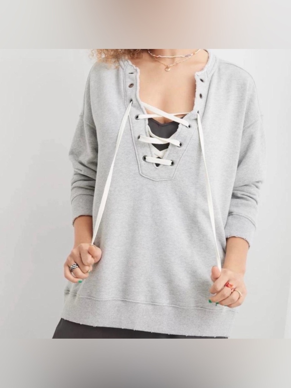 Aerie Lace Up Hoodie Sweatshirt Gray Oversized Pullover Medium - Picture 1 of 6